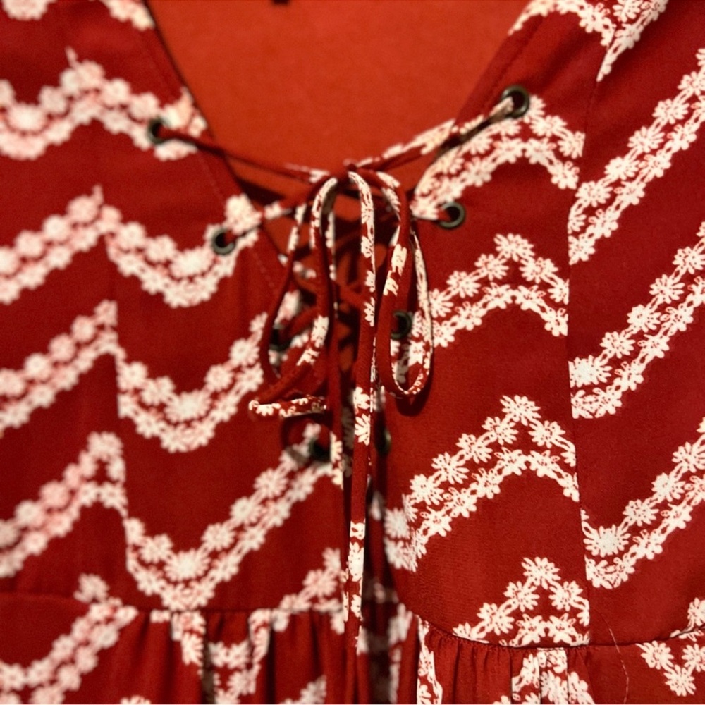 Blue Pepper deep Red and White Lace-Up Dress